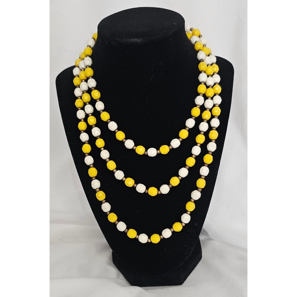 Vintage Long Yellow and White Faceted Beaded Strand Necklace 52 Inch Statement